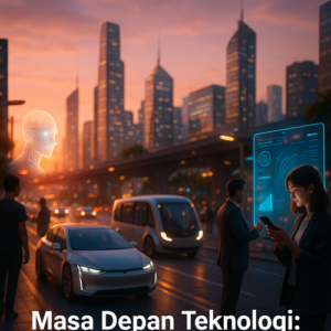 A futuristic city skyline at dusk showcasing technology's impact, with autonomous vehicles and citizens interacting with advanced interfaces.