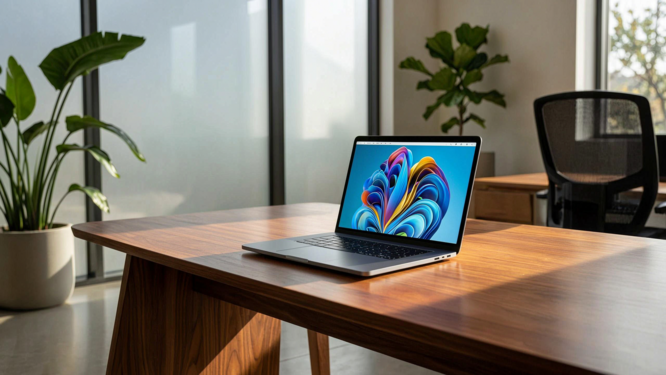A premium second-hand laptop displayed in a modern workspace with natural light, showcasing its elegant design and vibrant screen.