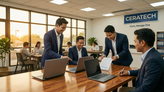 A cinematic portrayal of a professional transaction scene at CERATECH, showcasing employees evaluating used laptops in a modern office environment, with a focus on the transparency and competitive pricing during the selling process. The setting is inside the CERATECH branch located in Harco, Mangga Dua, Jakarta, during golden hour, casting warm light through the windows. Details include sleek, high-tech laptops on a polished wooden table, employees in smart attire discussing the appraisal process, with visible satisfaction on their faces. The atmosphere is collaborative and professional, highlighted by soft shadows and a dynamic composition that captures the essence of a forward-thinking, eco-friendly business. The camera angle is slightly elevated, conveying a sense of inclusion in the process, showcasing the contemporary workspace layout and rich textures of the laptops, all presented in sharp focus, ultra-detailed, cinematic quality.