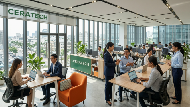 A cinematic view of a modern office space in Jakarta bustling with activity, showcasing the Ceratech office at Harco, Jl. Mangga Dua Raya. The interior features sleek, contemporary furniture and a vibrant color palette intertwining with the soft glow of natural light streaming through large windows, highlighting the smooth textures of laptops on the desks. Staff members conduct transactions seamlessly, displaying a confident and professional demeanor while consulting clients on their laptops in pristine condition. The atmosphere exudes efficiency, with a sense of innovation and environmental responsibility, reflecting Ceratech's commitment to providing trustworthy solutions. The scene captures a wide-angle perspective, bringing depth to the composition, with clear focus on the engaging discussions between employees and clients, set against a backdrop of a bustling technological trade hub, all in ultra-detailed, photorealistic quality at 8K resolution.