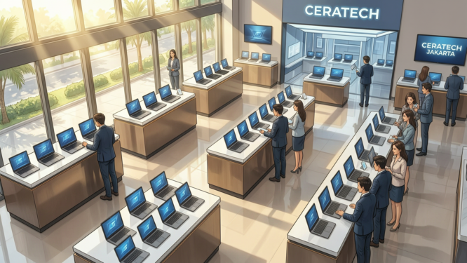 A detailed depiction of CERATECH's laptop buying service in Jakarta with a focus on their modern store located in Mangga Dua. The setting showcases a bright day, enhanced by clean lines and high-tech elements of the interior design, with an emphasis on professionalism. Laptops are presented neatly on display tables, each unit glistening under soft, diffused lighting that highlights their condition. Employees engage in friendly interactions with customers, illustrating the seamless experience from evaluation to purchase. The atmosphere is vibrant yet relaxed, resonating with innovation, captured from a dynamic overhead angle to demonstrate the store's layout and activity, ensuring a rich depth of field and sharp focus on key elements, all in ultra-detailed, photorealistic quality, 8K resolution for a high-end visual experience.