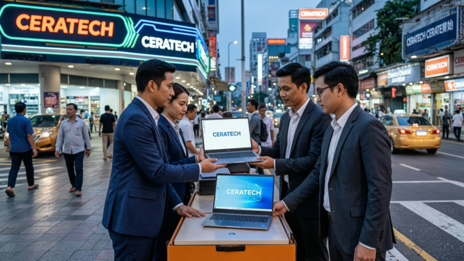 A cinematic scene depicting the act of selling used laptops to Ceratech in Jakarta, showcasing a group of professional individuals engaging in a smooth transaction amidst the vibrant urban landscape. The setting is a bustling street in Jakarta, possibly with neon-lit signs of Ceratech in the background, creating a modern and high-tech ambience. The laptops are presented with their screens aglow, highlighting their good condition and specifications. The atmosphere is brisk and efficient, embodying a sense of sustainability and corporate responsibility. The lighting is sharp and cool, accentuating the sleek design of the laptops and the professionalism of the individuals involved. The camera angle is eye-level, capturing a close-up of the transaction with dynamic compositions that feature the urban environment subtly blurred in the background, emphasizing the central action. The overall quality is photorealistic, vibrant, and detailed, with high-resolution textures that draw attention to the central theme of responsible electronic disposal and corporate collaboration.