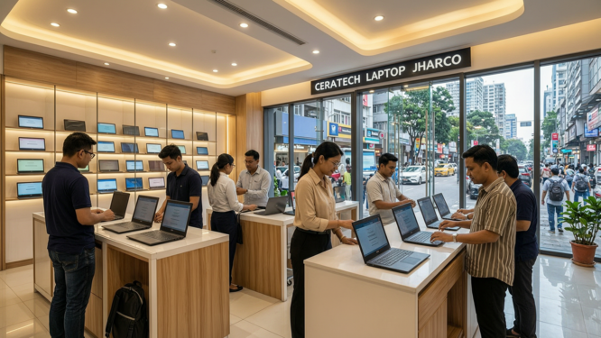 A detailed image of the Ceratech store in Jakarta, showcasing the sleek and modern interior filled with various used laptops on display, with a prominent sign indicating its service for corporate clients. The shop is bustling with activity as employees assist business representatives in selling their laptops, demonstrating a friendly and efficient atmosphere. Soft but illuminating lighting accentuates the clean, corporate decor featuring glass counters, while the outside view contains a busy Jakarta street, hinting at a vibrant urban environment. The camera angle captures both the interior and the entrance, offering depth to the scene, with a realistic focus on the customers and staff engaged in lively negotiations, all framed in high definition, photorealistic quality that illustrates the hustle of a modern business setting.