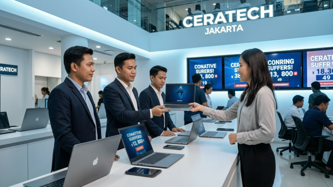 A bustling urban scene at CERATECH in Jakarta showcasing the laptop selling process with company representatives evaluating the laptops, set in a professional and modern environment at Harco. The location is filled with soft blue and white lighting, emphasizing a clean corporate style. In the foreground, a customer hands over a laptop while the CERATECH staff actively engages with attention to detail, creating a dynamic interaction. The background features a sleek reception area with digital displays showing competitive offers, illuminated with volumetric lighting that adds depth to the scene. The camera captures this moment from an eye-level angle, creating an immersive atmosphere of trust and professionalism amid the busy environment, all rendered in ultra-detailed, photorealistic quality, enhancing the cinematic feel of the setting.