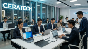 A cinematic depiction of a bustling CERATECH branch in Jakarta, focusing on the high-quality laptop assessment process for corporate clients. The scene captures a modern, professional setting with bright neon lighting illuminating sleek laptops being evaluated by attentive staff, reflecting a clean corporate style. The ambiance conveys a sense of trust and efficiency, showcasing close-ups of detailed laptop features, valuation discussions between clients and staff, and transparent evaluation procedures. This high-resolution visual portrays a disciplined setup, emphasizing the procedural elements of buying and selling laptops, with a wide camera angle encompassing both the busy activity and serene, organized workspace. The overall mood conveys professionalism and sophistication, inviting viewers into a trustworthy and efficient transactional environment of CERATECH.
