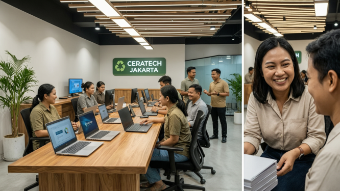 A cinematic representation of the Ceratech Jakarta branch specializing in buying used laptops from companies, showcasing a modern office setting with sleek design, employees engaged in consultations with clients. The atmosphere is warm and inviting, capturing the essence of a sustainable technology recycle center. The color palette includes earthy tones to reflect eco-friendliness, with sharp details on laptops and tech gadgets. Overhead, bright ambient lighting highlights the professionalism of the location, while a close-up reveals satisfied expressions on clients' faces, conveying trust and reliability. The depth of the scene includes a layered view of the office space, creating a vivid, immersive sight that emphasizes Ceratech's commitment to quality service and sustainability.