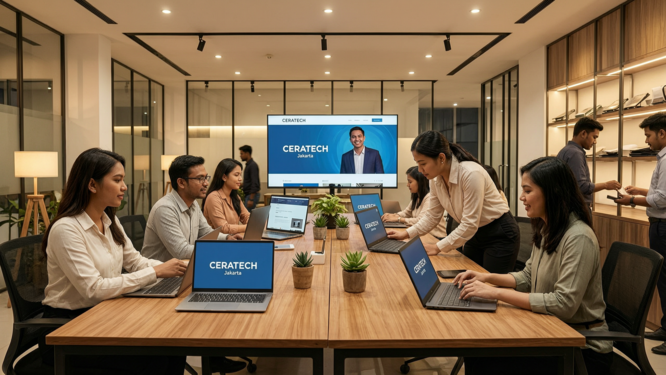 A detailed guide of CERATECH Jakarta's process for purchasing used laptops from companies, featuring a busy yet organized office setting, dynamic interaction between staff and clients, showcasing sleek laptops on a workstation, with a digital screen displaying their website, all under warm, inviting lighting creating a trustworthy atmosphere, captured in a cinematic wide shot highlighting the professionalism and efficiency of the service. The atmosphere is lively and engaging, emphasizing trust and satisfaction among clients as they navigate the selling process.