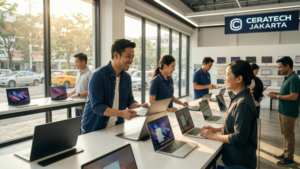 An engaging and dynamic scene capturing a customer selling their laptop inside Ceratech Jakarta, surrounded by friendly staff and modern technology displays, in a vibrant setting with warm natural lighting streaming through the store windows, showcasing sleek laptops and tech gadgets that highlight the store’s focus on quality service and competitive prices. The atmosphere is filled with enthusiasm, warmth, and professionalism, with a slight depth of field effect emphasizing the interactions between customers and staff, creating a welcoming environment. The visual is presented in ultra-detailed, photorealistic style, evoking a sense of satisfaction and trust in the customer experience within a modern, clean corporate aesthetic.
