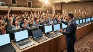 A lively auction hall filled with young entrepreneurs bidding on used office computers, highlighting excitement and opportunity in a photorealistic style.