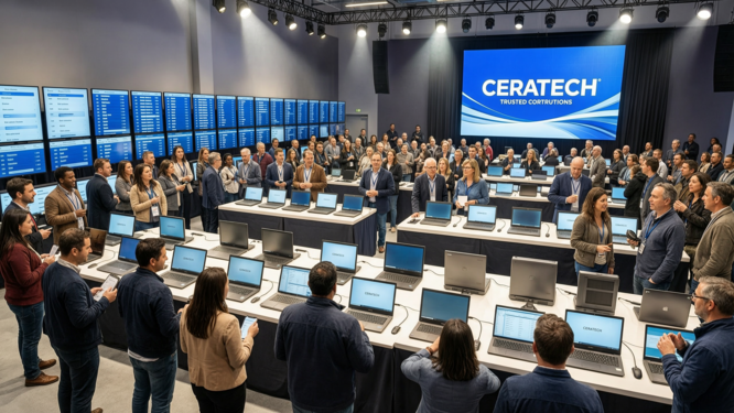 A lively Ceratech auction room filled with bidders and used computers, emphasizing a vibrant atmosphere and high-tech appeal.