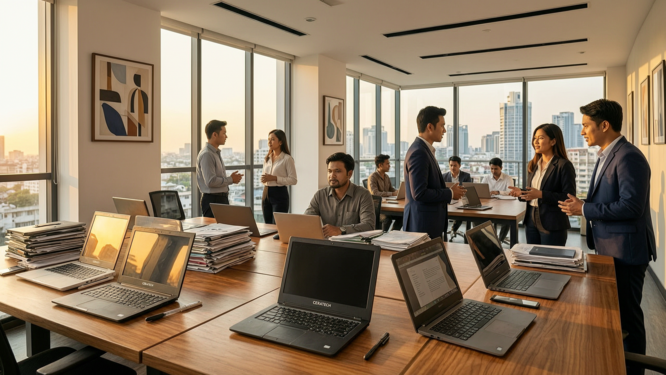 An interior view of Ceratech office in Jakarta with employees consulting clients, showcasing used laptops and a professional atmosphere.