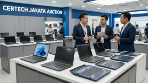 An engaging scene showcasing Ceratech's laptop auction process, featuring used laptops in a sleek, professional sales environment, highlighting transparent pricing and seamless customer interactions.