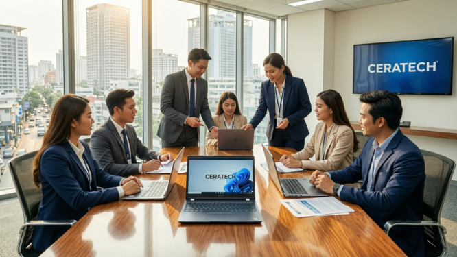 A bustling corporate office scene in Jakarta where professionals engage in the process of selling used laptops to Ceratech, showcasing teamwork and efficiency.