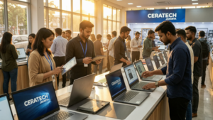 A cinematic view showcasing a modern technology store front of Ceratech Jakarta, where teams are engaged in the appraisal and auction of used laptops, bathed in warm golden hour lighting, with sleek, high-tech laptops on display, vibrant branding colors of Ceratech accentuating the visual appeal. The bustling atmosphere emphasizes professional consultations with clients, while visual textures of laptops and the interaction between staff and clients create a dynamic, energetic scene. Capture a close-up angle highlighting the detailed evaluations taking place, layered with the vibrant activity in the background and an elegant business vibe, all presented in ultra-detailed 8K resolution, emphasizing the photorealistic setting and dramatic lighting that adds depth and realism.