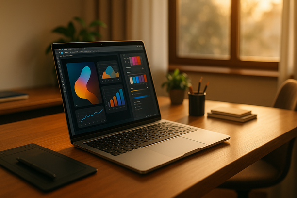Photo of a modern laptop on a desk in a warm-lit home office, showcasing a creative workspace.