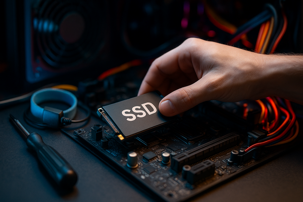 A detailed view of a futuristic workspace for upgrading a Solid State Drive with tools and an illuminated computer setup.