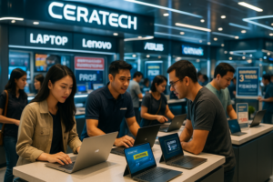 A vibrant and bustling laptop store in Batam, showcasing the latest technology with customers interacting with staff and exploring various laptop models.