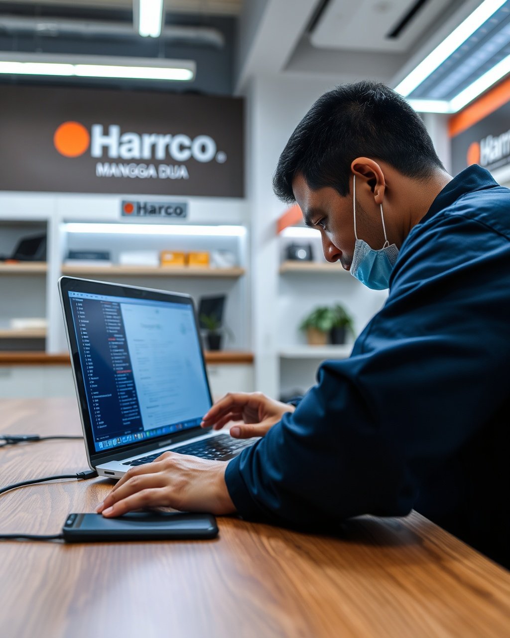 teknisi Ceratech Jakarta memeriksa MacBook bekas di toko Harco Mangga Dua