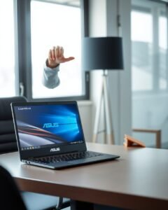 eksekutif membuka ASUS ExpertBook di ruang kerja Ceratech Jakarta