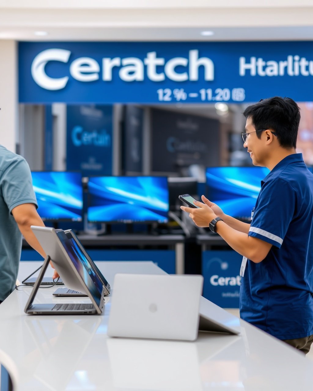 pelanggan dan staf Ceratech Batam melakukan lelang perangkat elektronik di toko DC Mall